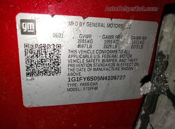 1G1FY6S05N4109727 2022 CHEVROLET BOLT Maroon VIN կոդի պիտակի տեսք