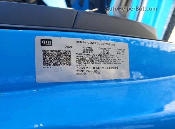 1G1YC3D42M5115984 2021 CHEVROLET CORVETTE Blue VIN կոդի պիտակի տեսք