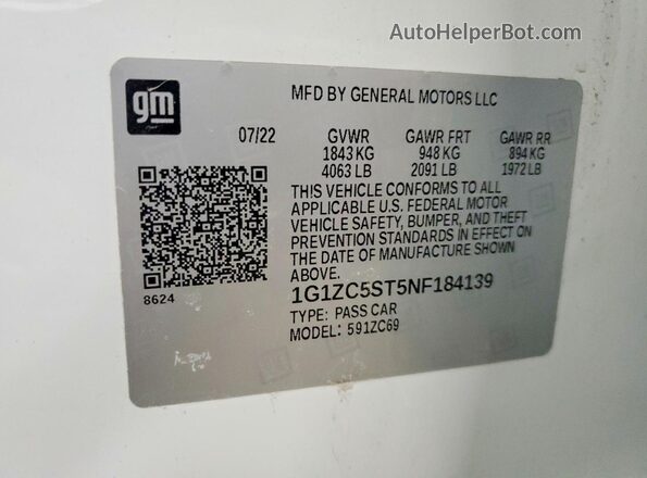 1G1ZC5ST5NF184139 2022 CHEVROLET MALIBU White VIN კოდის სტიკერის ხედი