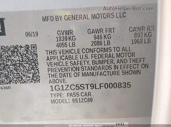 1G1ZC5ST9LF000835 2020 CHEVROLET MALIBU Серебряный Вид подкапотного пространства