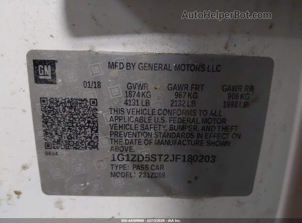 1G1ZD5ST2JF180203 2018 CHEVROLET MALIBU White 