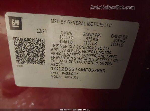 1G1ZD5ST4MF057880 2021 CHEVROLET MALIBU Red Widok komory silnika