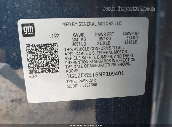 1G1ZD5ST6NF109401 2022 CHEVROLET MALIBU Blue 