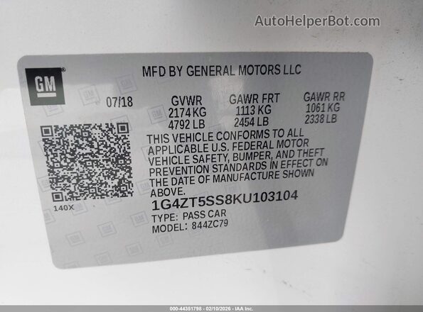 1G4ZT5SS8KU103104 2019 BUICK LACROSSE Белый Вид подкапотного пространства