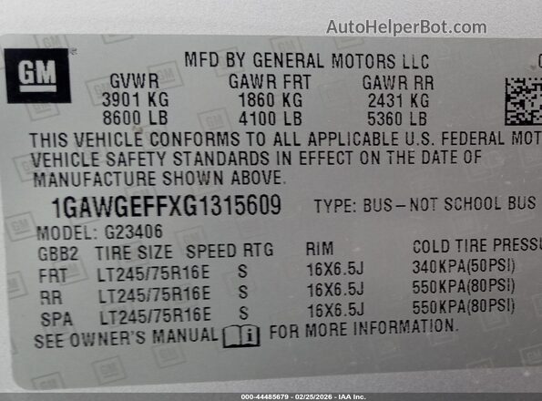 1GAWGEFFXG1315609 2016 CHEVROLET EXPRESS White Widok naklejki z numerem VIN