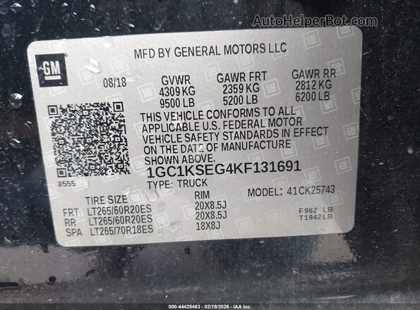 1GC1KSEG4KF131691 2019 CHEVROLET SILVERADO Black 