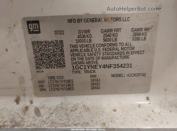 1GC1YNEY4NF354231 2022 CHEVROLET SILVERADO White Vista de la etiqueta del VIN
