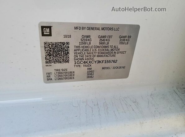 1GC4KXCY3KF155762 2019 CHEVROLET SILVERADO White 