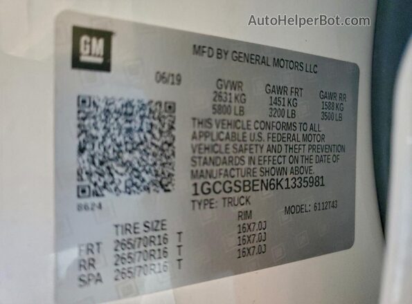 1GCGSBEN6K1335981 2019 CHEVROLET COLORADO Белый 