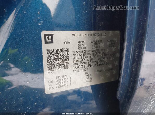 1GCGTCEN0K1264814 2019 CHEVROLET COLORADO Blue Engine compartment view