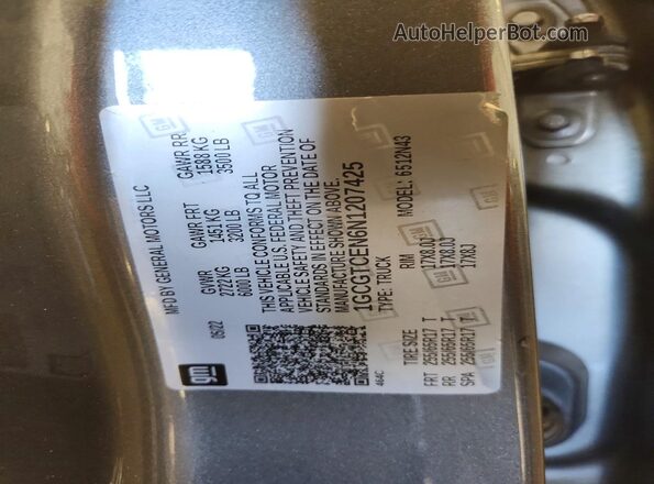 1GCGTCEN6N1207425 2022 CHEVROLET COLORADO Gray Vista de la etiqueta del VIN