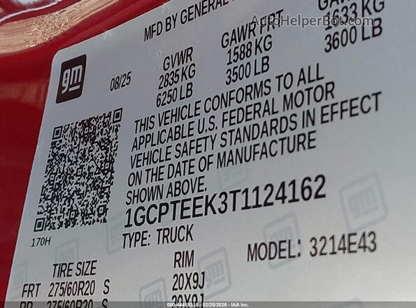 1GCPTEEK3T1124162 2026 CHEVROLET COLORADO Red Vista del compartimento del motor