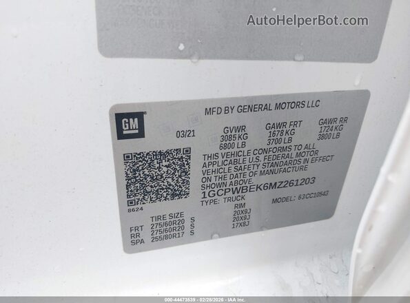 1GCPWBEK6MZ261203 2021 CHEVROLET SILVERADO White 
