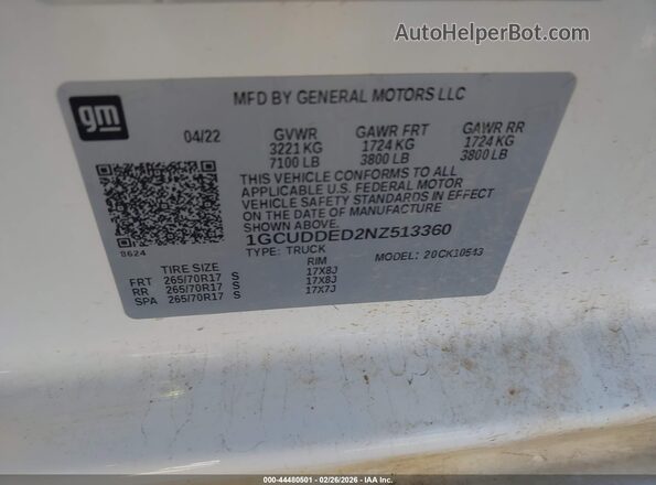 1GCUDDED2NZ513360 2022 CHEVROLET SILVERADO White Вид підкапотного простору