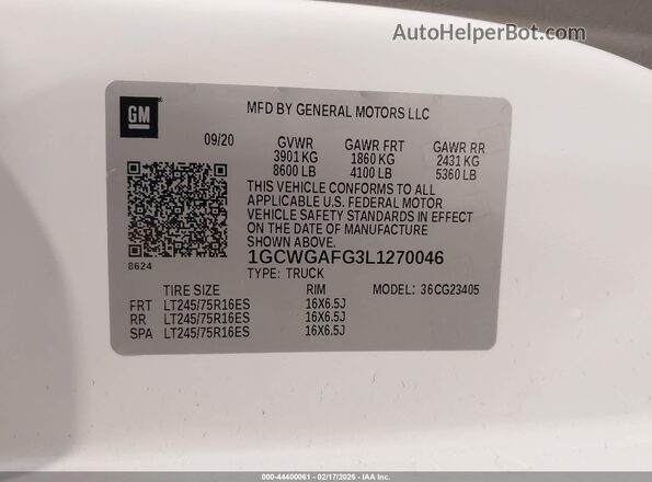 1GCWGAFG3L1270046 2020 CHEVROLET EXPRESS White Շարժիչի բաժամունքի տեսք