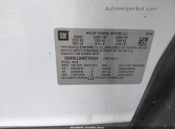1GKKNLLS4HZ159494 2017 GMC ACADIA White 
