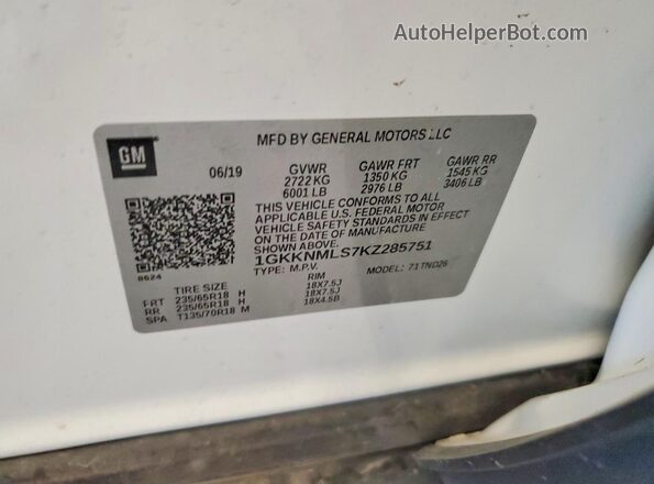 1GKKNMLS7KZ285751 2019 GMC ACADIA White 