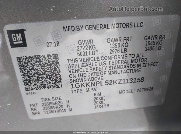 1GKKNPLS2KZ113158 2019 GMC ACADIA Gray ძრავის განყოფილების ხედი