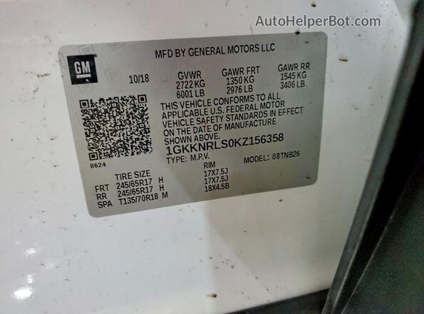 1GKKNRLS0KZ156358 2019 GMC ACADIA White 