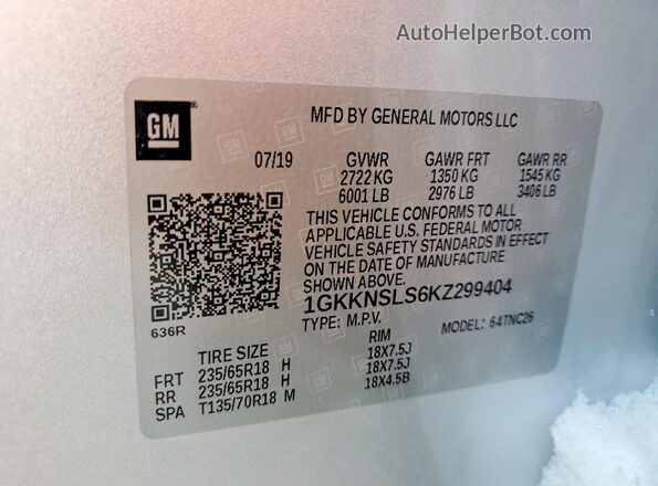 1GKKNSLS6KZ299404 2019 GMC ACADIA Silver 