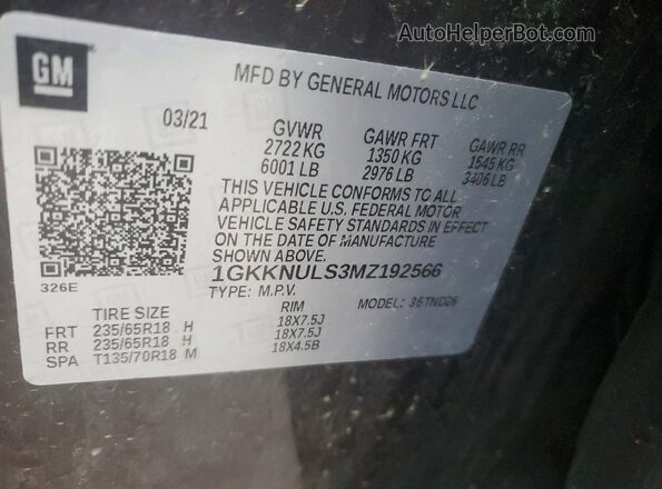 1GKKNULS3MZ192566 2021 GMC ACADIA Burgundy VIN კოდის სტიკერის ხედი