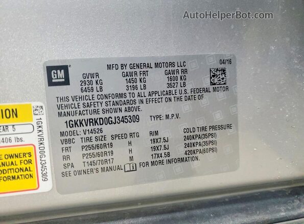 1GKKVRKD0GJ345309 2016 GMC ACADIA Silver Вид наклейки з VIN-кодом