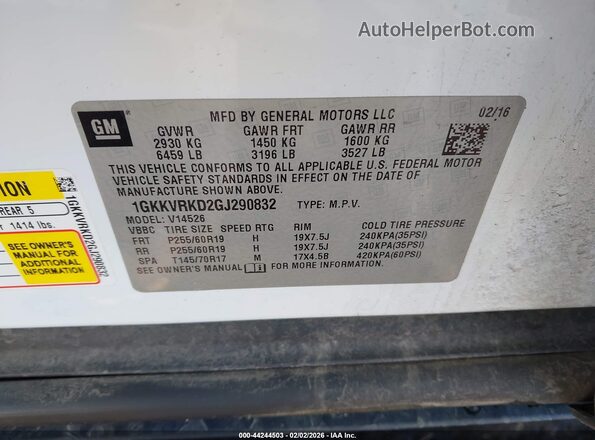 1GKKVRKD2GJ290832 2016 GMC ACADIA White ძრავის განყოფილების ხედი