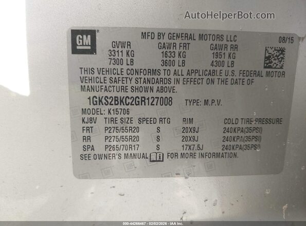 1GKS2BKC2GR127008 2016 GMC YUKON Silver Vista del compartimento del motor