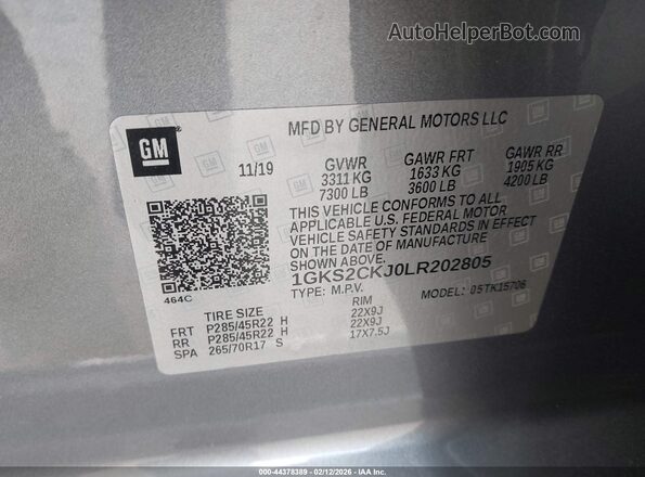 1GKS2CKJ0LR202805 2020 GMC YUKON Gray ძრავის განყოფილების ხედი