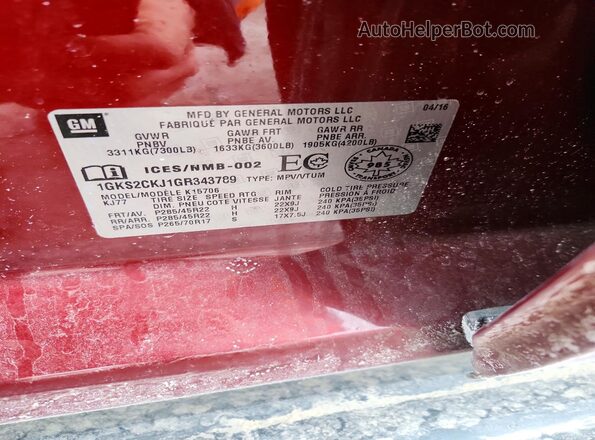 1GKS2CKJ1GR343789 2016 GMC YUKON Бордовый Вид наклейки с VIN-кодом