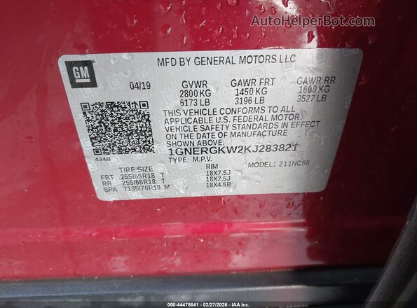 1GNERGKW2KJ283821 2019 CHEVROLET TRAVERSE Red 
