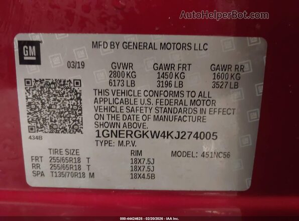 1GNERGKW4KJ274005 2019 CHEVROLET TRAVERSE Red Շարժիչի բաժամունքի տեսք