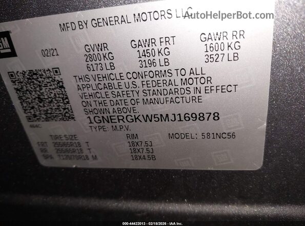 1GNERGKW5MJ169878 2021 CHEVROLET TRAVERSE Gray Engine compartment view