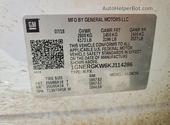 1GNERGKW6KJ114286 2019 CHEVROLET TRAVERSE Белый 