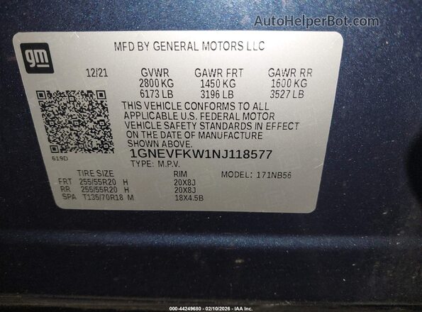 1GNEVFKW1NJ118577 2022 CHEVROLET TRAVERSE Blue Շարժիչի բաժամունքի տեսք