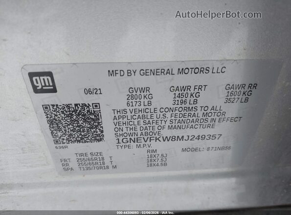 1GNEVFKW8MJ249357 2021 CHEVROLET TRAVERSE Silver 