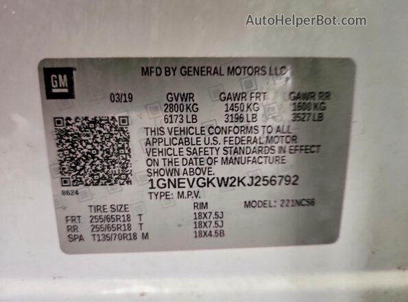 1GNEVGKW2KJ256792 2019 CHEVROLET TRAVERSE White Панорамний вид салону 360°