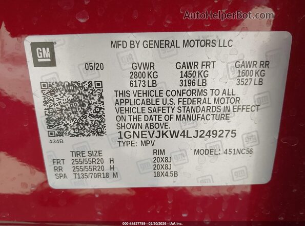 1GNEVJKW4LJ249275 2020 CHEVROLET TRAVERSE Red 