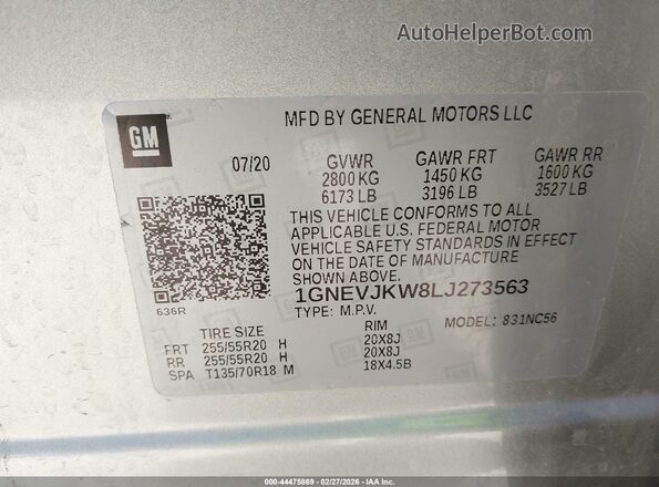 1GNEVJKW8LJ273563 2020 CHEVROLET TRAVERSE Серебряный Вид подкапотного пространства