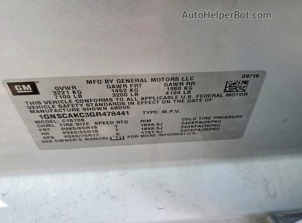 1GNSCAKC3GR478441 2016 CHEVROLET TAHOE Серебряный Вид подкапотного пространства