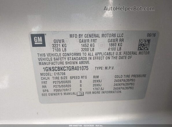 1GNSCBKC7GR401075 2016 CHEVROLET TAHOE Cream Engine compartment view