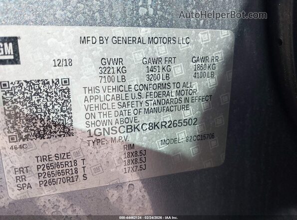 1GNSCBKC8KR265502 2019 CHEVROLET TAHOE Gray 