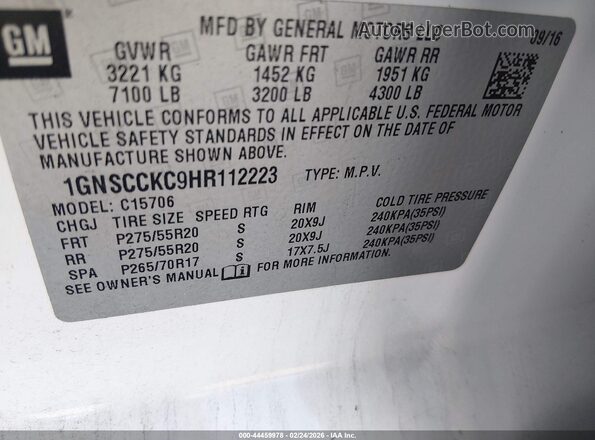 1GNSCCKC9HR112223 2017 CHEVROLET TAHOE White ძრავის განყოფილების ხედი