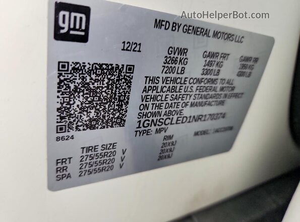 1GNSCLED1NR170374 2022 CHEVROLET TAHOE White VIN sticker view