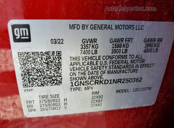 1GNSCRKD1NR250362 2022 CHEVROLET TAHOE Red 