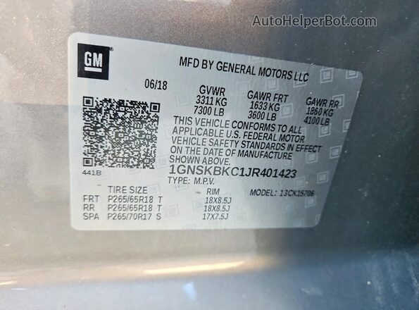 1GNSKBKC1JR401423 2018 CHEVROLET TAHOE Gray Widok naklejki z numerem VIN