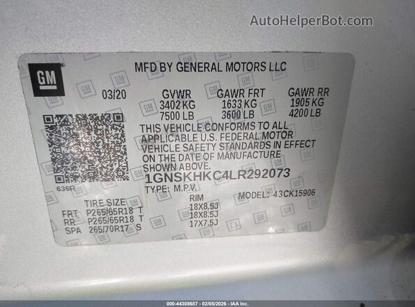 1GNSKHKC4LR292073 2020 CHEVROLET SUBURBAN Silver Engine compartment view