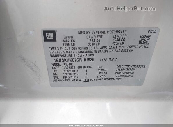 1GNSKHKC7GR101526 2016 CHEVROLET SUBURBAN Champagne 