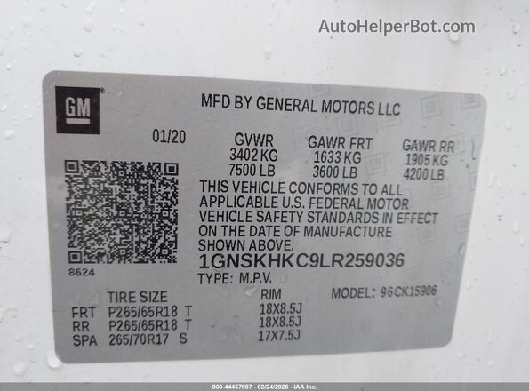 1GNSKHKC9LR259036 2020 CHEVROLET SUBURBAN White Vista del compartimento del motor