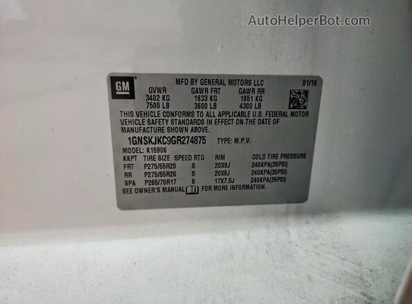 1GNSKJKC9GR274875 2016 CHEVROLET SUBURBAN White Widok naklejki z numerem VIN
